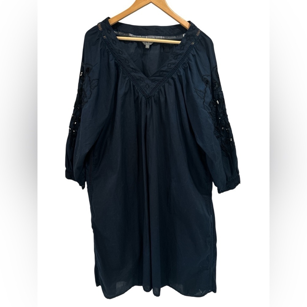 Kerry Grima Resort Cotton Embroidered A Line Navy Popover Dress O/S